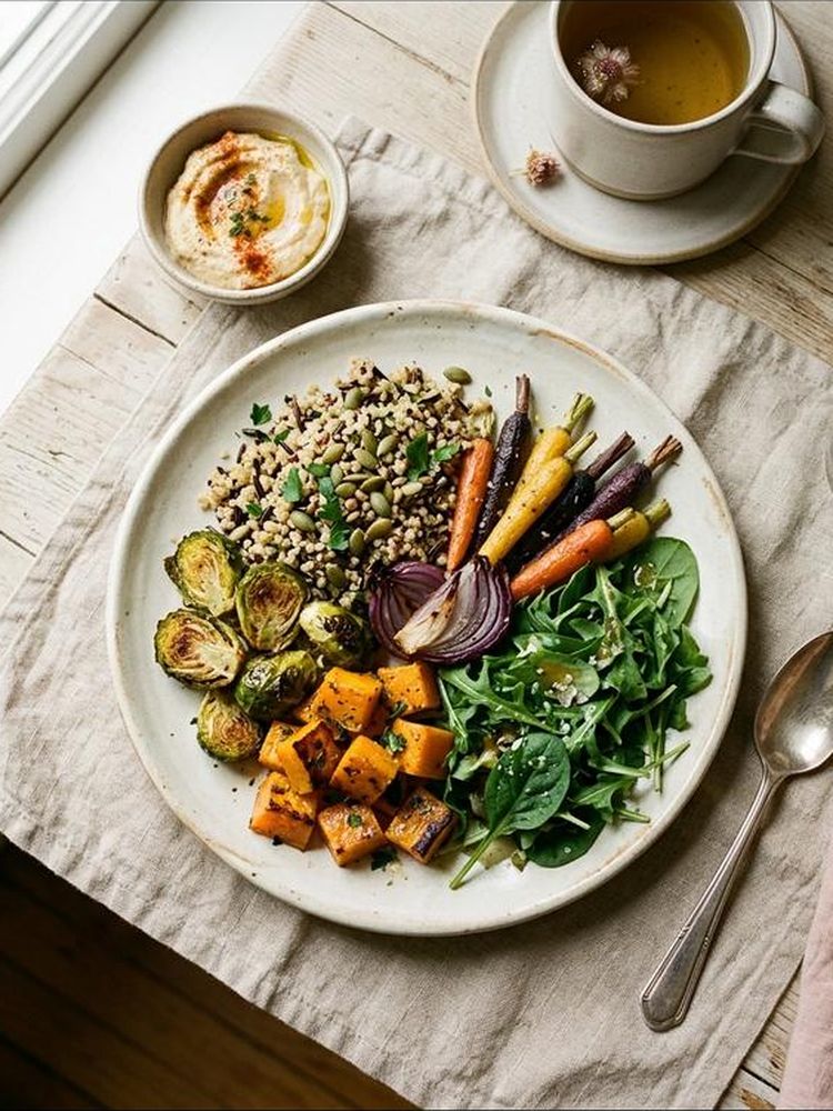 Seasonal plate with warm grains and greens