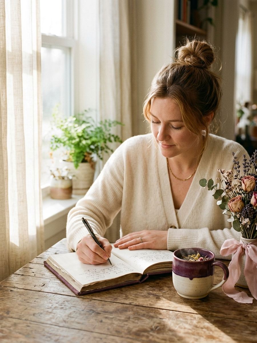 Woman journaling in soft morning light beside a cup of tea