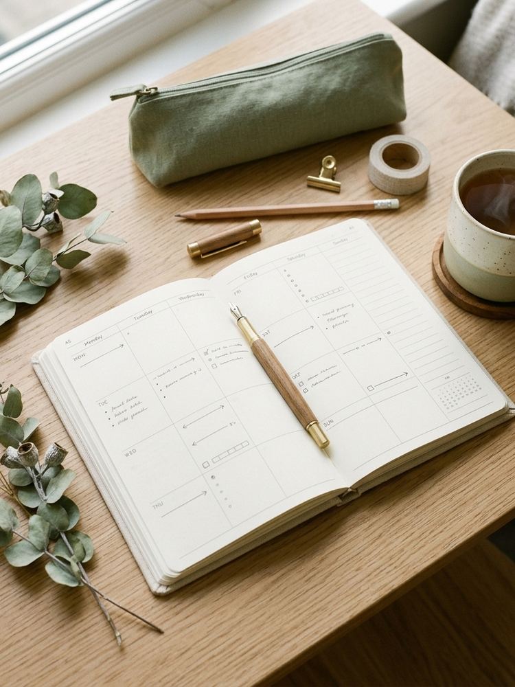 Open planner, tea and dried flowers on a desk