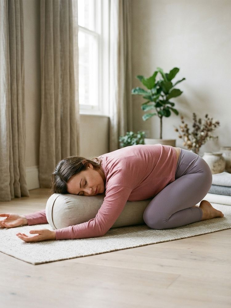 Woman stretching on a mat in morning light